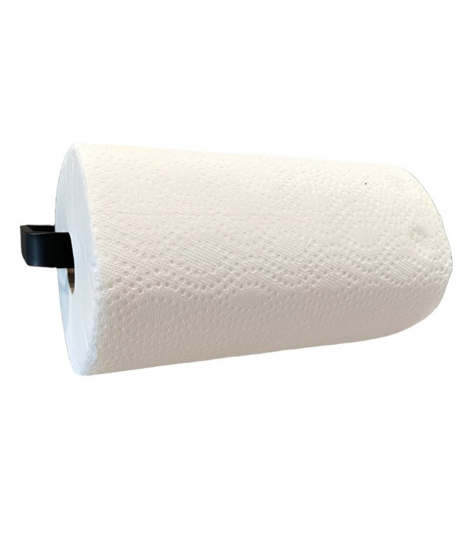 sleek modern paper towel holder that mounts to the wall. Made from steel finished in a black powder coat