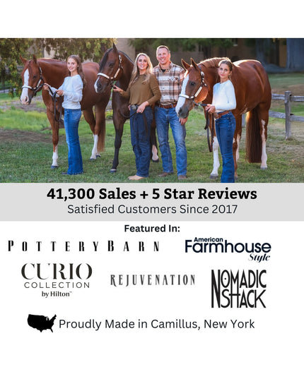 Family with three brown horses on farm property showcasing Industrial Farm Co's handcrafted products, 41,300+ sales with 5...