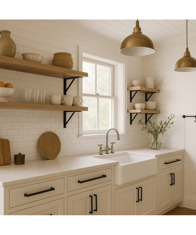 Oneida black iron shelf brackets supporting natural wood shelves in farmhouse kitchen with white subway tile backsplash an...