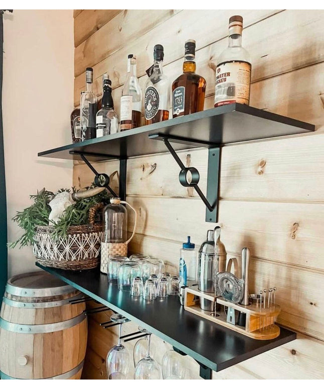 Black metal Glen Cove Modern Shelf Support brackets holding dark wood shelves with liquor bottles and bar accessories agai...