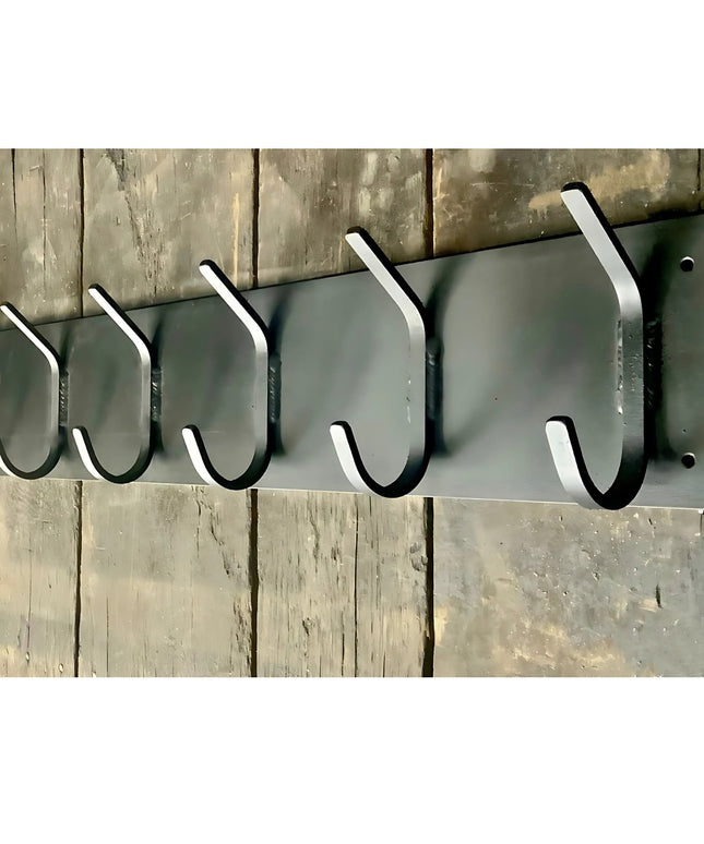 Bo Style Lodge Coat Rack by Industrial Farm Co featuring black metal hooks on weathered wood fence background