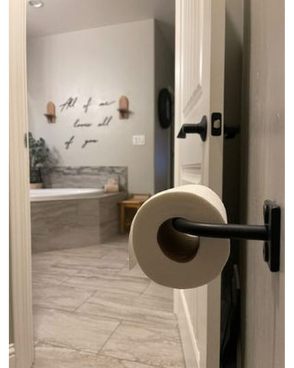 Black metal Mitz Toilet Paper Holder by Industrial Farm Co mounted on bathroom door handle, modern industrial style design