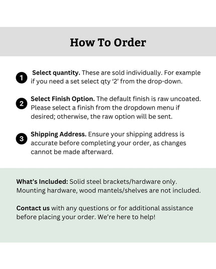 How to order instructions for The Annie Stocking Holder by Industrial Farm Co showing 3 steps: select quantity, choose fin...