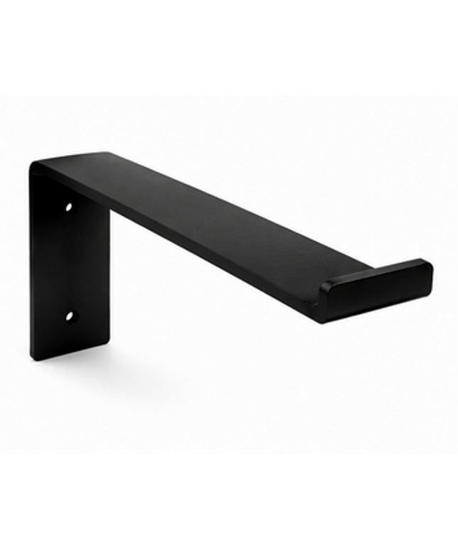 Black metal Z shaped open shelf bracket on a white background
