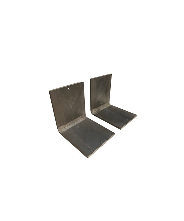 Two heavy duty steel L-shaped shelf brackets in dark gray finish with mounting holes, 5 inch wide support brackets by Indu...