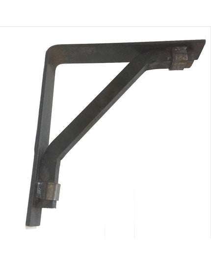 Dark black metal triangular shelf bracket with diagonal support brace and mounting tabs - The Butch Shelf Support by Indus...