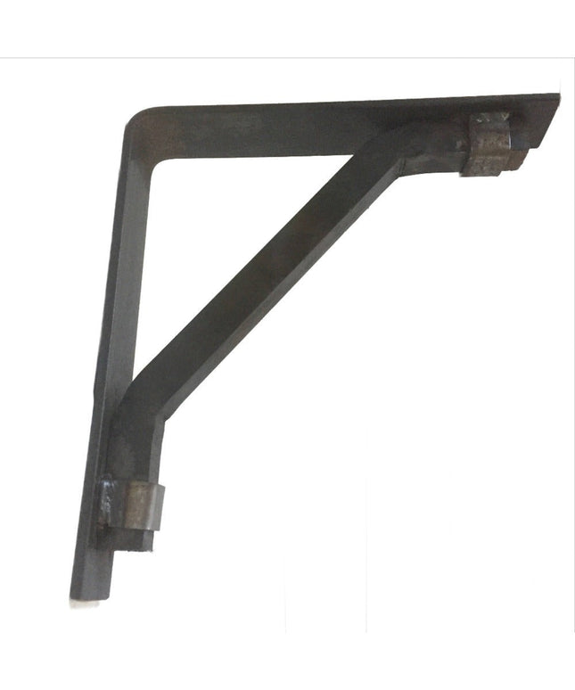 Dark black metal triangular shelf bracket with diagonal support brace and mounting tabs - The Butch Shelf Support by Indus...