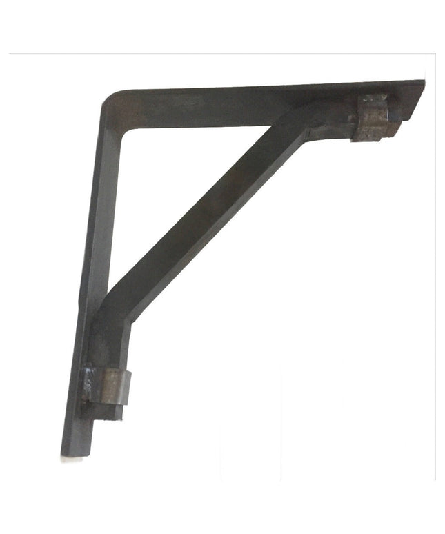 Dark black metal triangular shelf bracket with diagonal support brace and mounting tabs - The Butch Shelf Support by Indus...