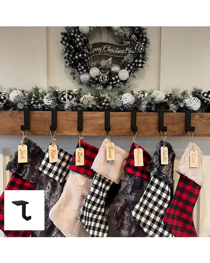 The Annie Stocking Holder by Industrial Farm Co - rustic wood mantel hook rack displaying Christmas stockings with black a...