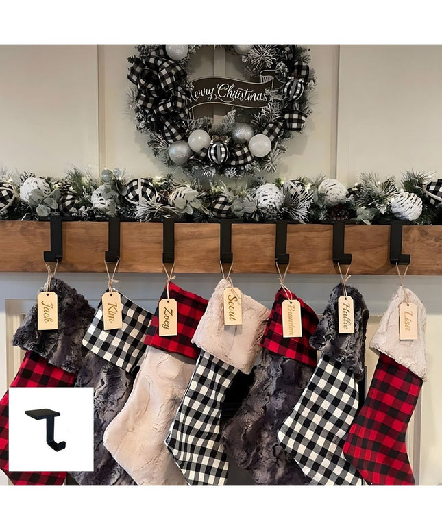 Industrial Farm Co Annie Stocking Holder in natural wood with black metal hooks displaying Christmas stockings and garland