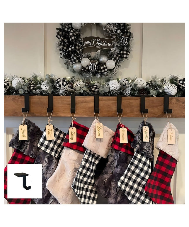 Industrial Farm Co Annie Stocking Holder in natural wood with black metal hooks displaying Christmas stockings and garland