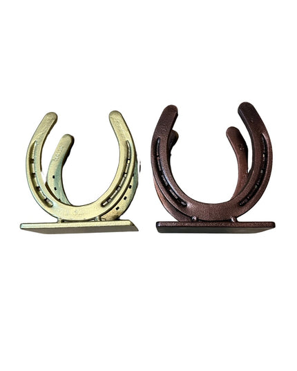 Industrial Farm Co rustic western horseshoe napkin holders in gold and brown cast iron farmhouse table organizers set of 2