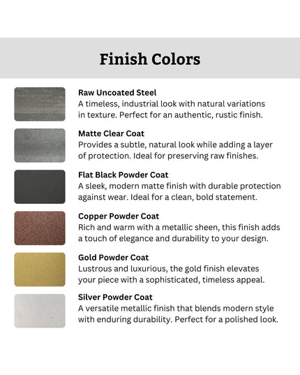 Finish color options chart for The Annie Stocking Holder by Industrial Farm Co showing six metal finishes: raw steel, matt...