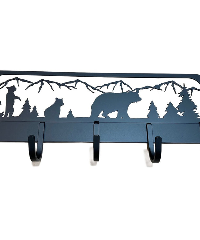 Black metal coat rack with bear family silhouette design featuring mountains and trees, 5 hooks, Industrial Farm Co handma...