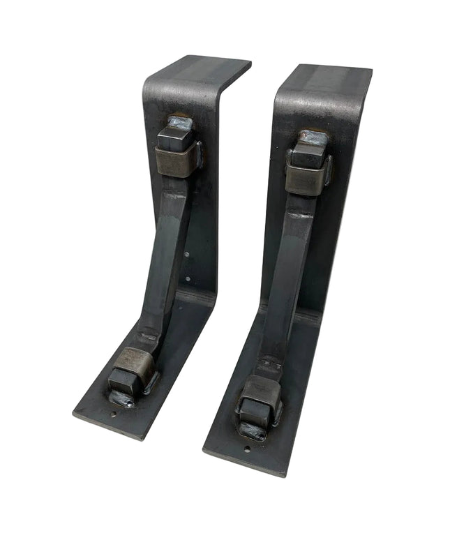 Black steel Bison 3" mantel brackets with square support bars and metal straps by Industrial Farm Co, heavy duty handmade USA