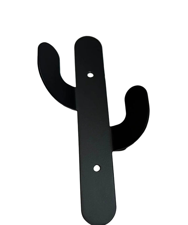 Black metal Sedona Cactus Wall Hook by Industrial Farm Co with two curved arms and mounting holes on white background