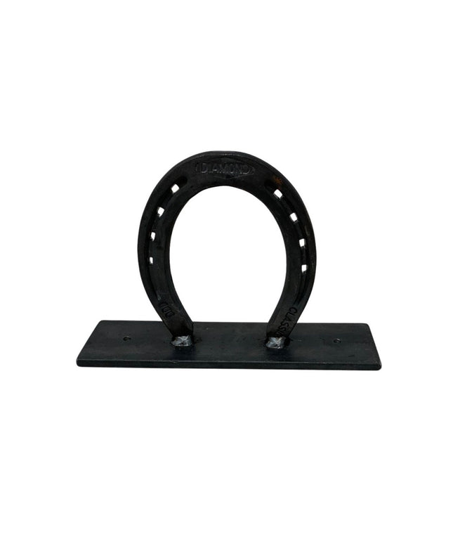 Black steel horseshoe towel holder mounted on rectangular base plate - The Ginger by Industrial Farm Co western bathroom hook