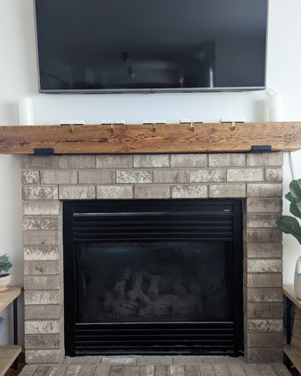 Brick fireplace with wooden mantel and TV above, flanked by plants on either side.