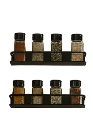 Herdon matte black metal wall mounted spice racks holding glass jars with spices in rustic farmhouse kitchen with wood cab...
