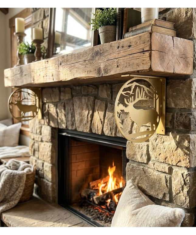 Handcrafted gold metal elk profile L-bracket shelf support mounted on rustic stone fireplace with reclaimed wood mantel by...