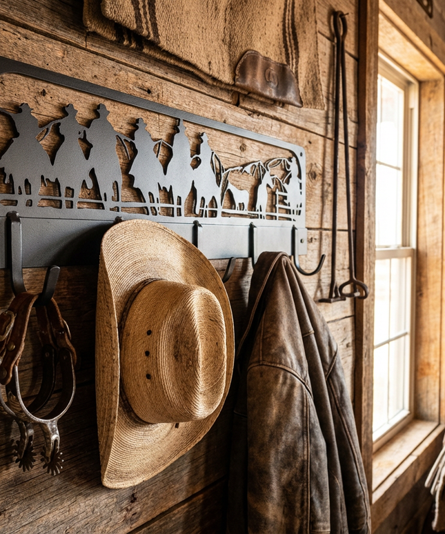 Western Charm Coat Rack with Cowboy Cutout - Rustic Wall Mounted Organizer for Coats and Hats