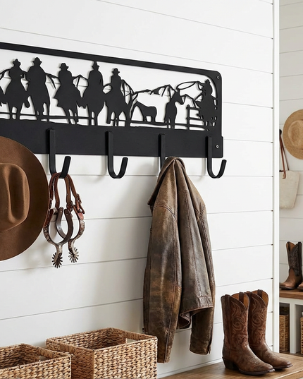 Western Charm Coat Rack with Cowboy Cutout - Rustic Wall Mounted Organizer for Coats and Hats