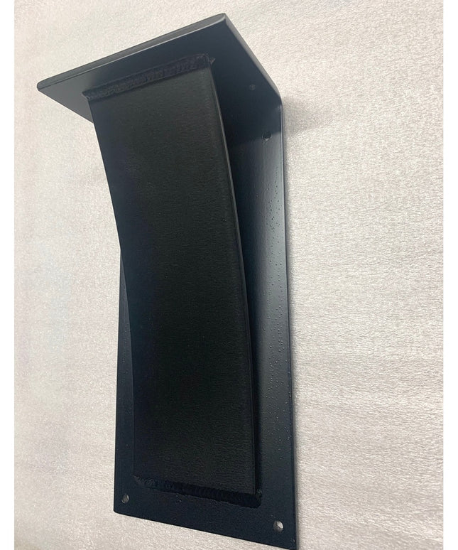 Black metal Cicero Bar Shelf Support bracket with industrial corbel design by Industrial Farm Co, wall-mounted against whi...