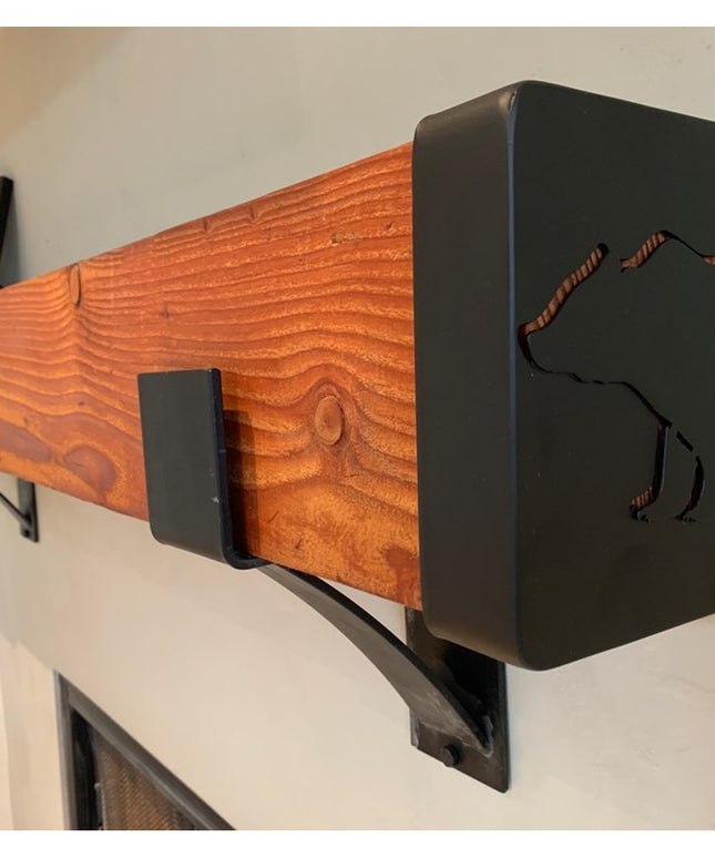 Vandiver Bear Mantel End Caps by Industrial Farm Co featuring black metal bear silhouettes on natural wood grain mantel sh...