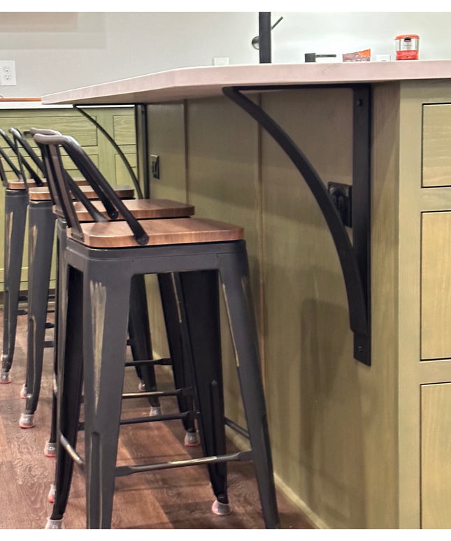 Black metal Industrial Farm Co DeOrdio Modern Industrial Countertop Brackets supporting wood counter with metal bar stools