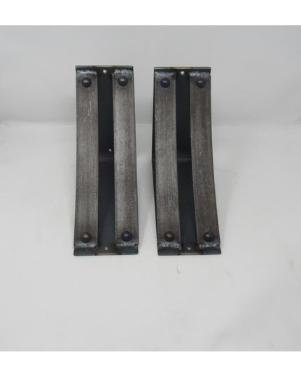 Two black wrought iron Jamestown 4" Wide Shelf Brackets by Industrial Farm Co with rustic finish and mounting holes