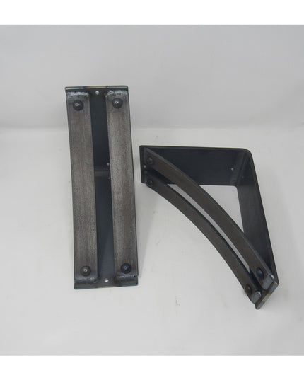 Black metal Jamestown 4" Wide Shelf Brackets by Industrial Farm Co, showing front and side view of welded steel corbels