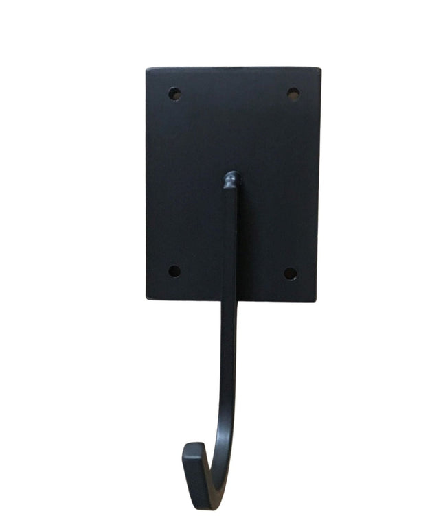 Black metal Marcellus Industrial Hook by Industrial Farm Co with rectangular mounting plate and curved hook arm against wh...