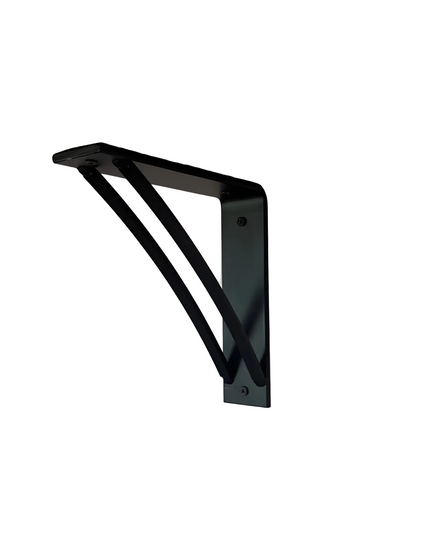 Wooden shelf with a black metal bracket on a light pink background