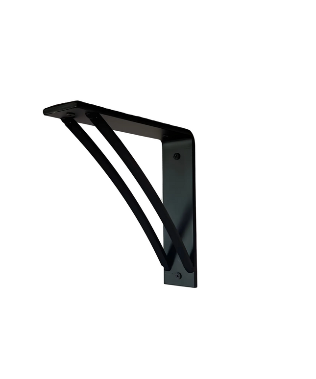 Wooden shelf with a black metal bracket on a light pink background