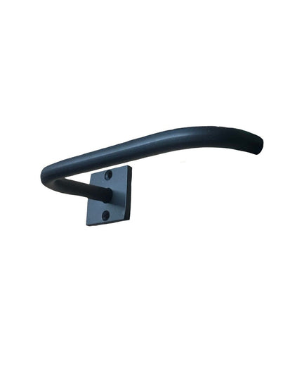 The Mitz Toilet Paper Holder by Industrial Farm Co - black curved metal wall-mounted design with square mounting bracket