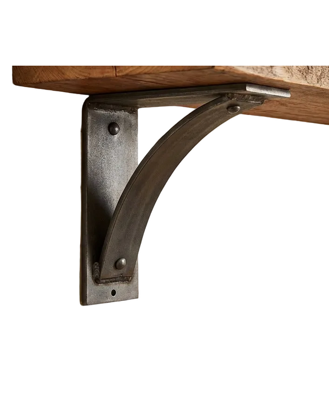 Industrial Farm Co Moravia 4" black metal shelf brackets with rivets supporting reclaimed wood shelves displaying ceramic ...