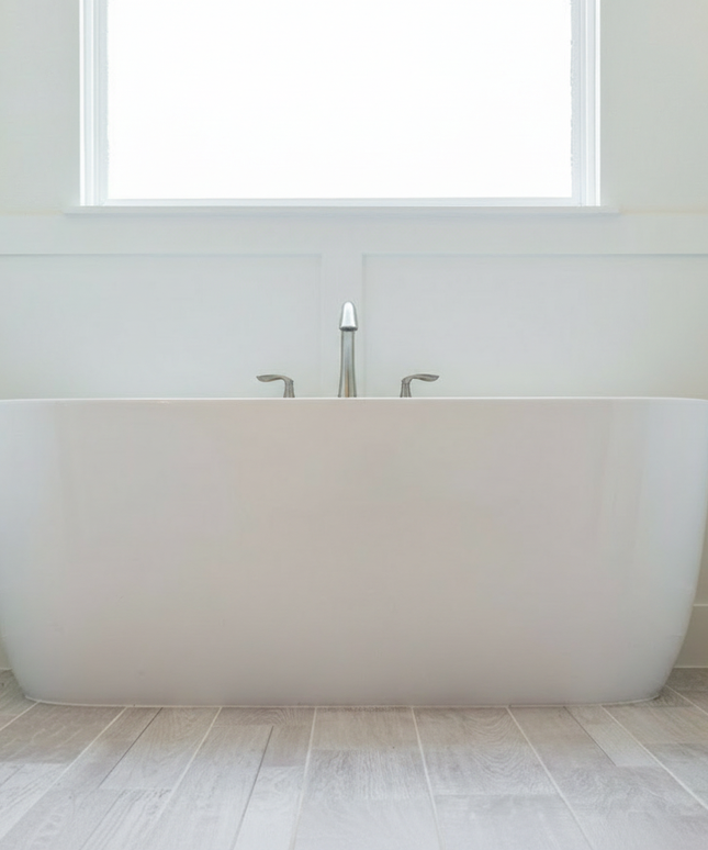 Modern white freestanding bathtub in a minimalistic bathroom with a window above.