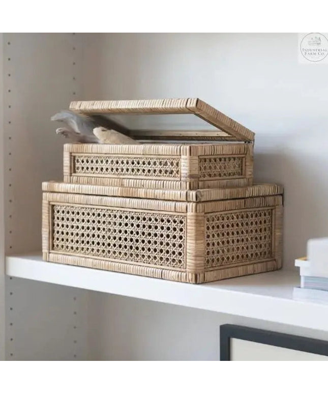 Rattan Display Box with Glass Lid - Set of Two  Default Title   | Industrial Farm Co