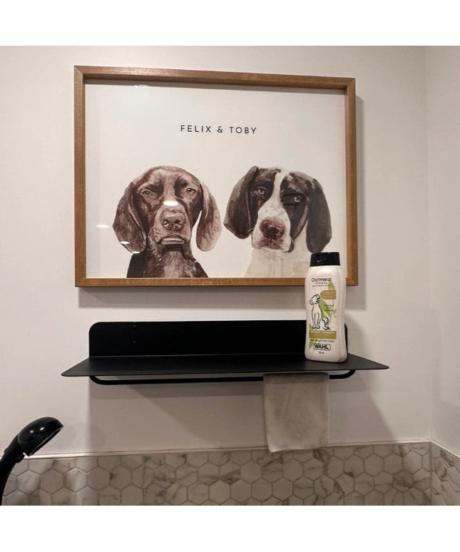 Industrial Farm Co. Dog wash with metal shelf to hold shampoo and wash essentials. 