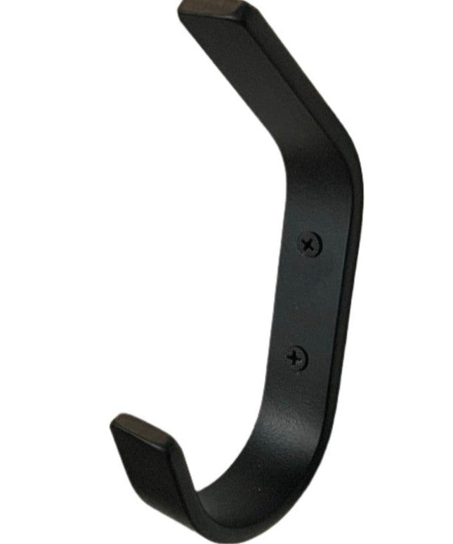 Black metal Henrietta 1 inch wide double hook by Industrial Farm Co with two mounting screw holes for wall installation