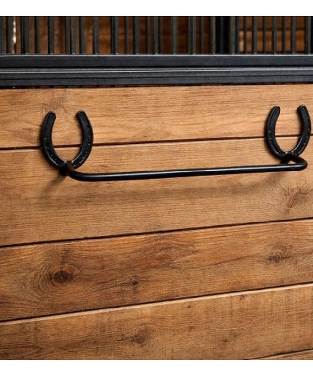 Black metal horseshoe towel bar mounted on wooden stable wall - The Donahue Horseshoe Blanket & Towel Bar by Industrial Fa...