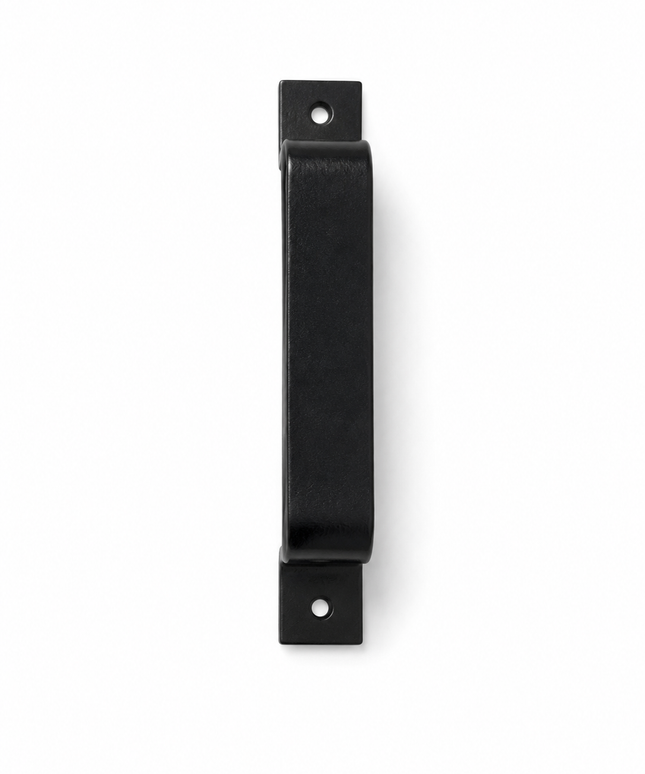 Black rectangular door handle on a white background