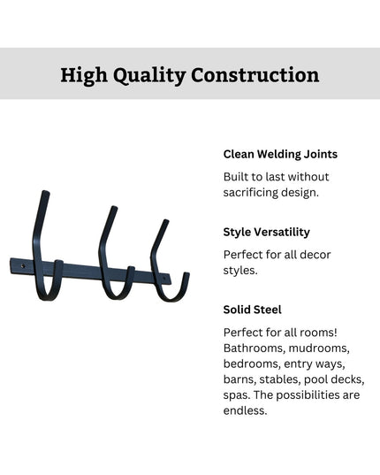 Black solid steel Meredith Petite Double J Coat Rack by Industrial Farm Co with 4 curved hooks and clean welding joints