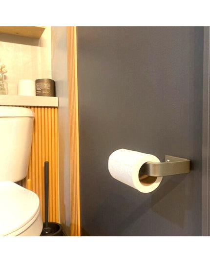 Manlius Minimalist Toilet Paper Holder by Industrial Farm Co in bronze finish mounted on dark gray bathroom wall