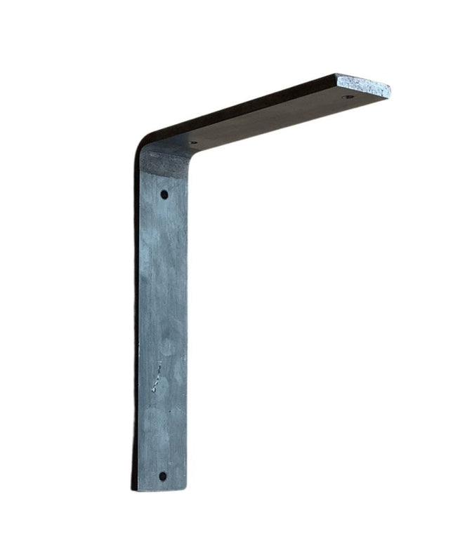 A single silver-colored metal L bracket for shelving.