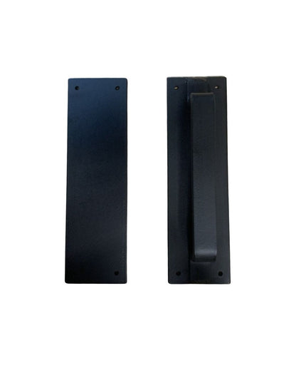 Black matte Lockport Pull door handle by Industrial Farm Co showing front and back views with mounting holes and sleek rec...