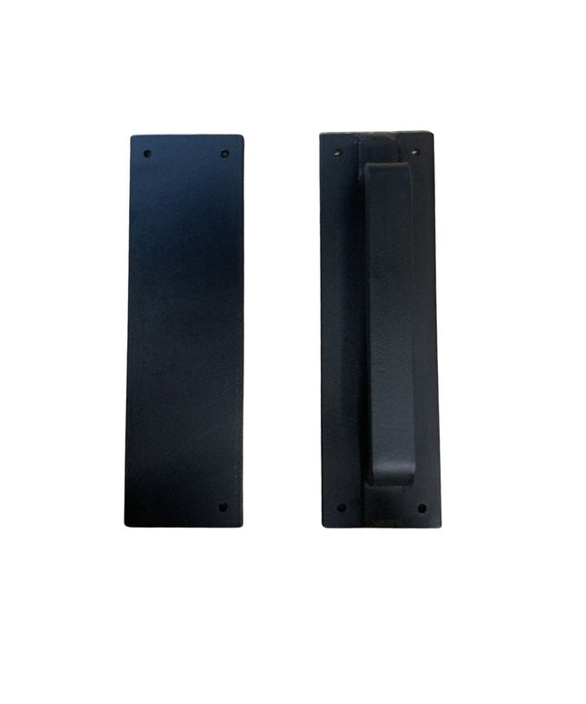 Black matte Lockport Pull door handle by Industrial Farm Co showing front and back views with mounting holes and sleek rec...