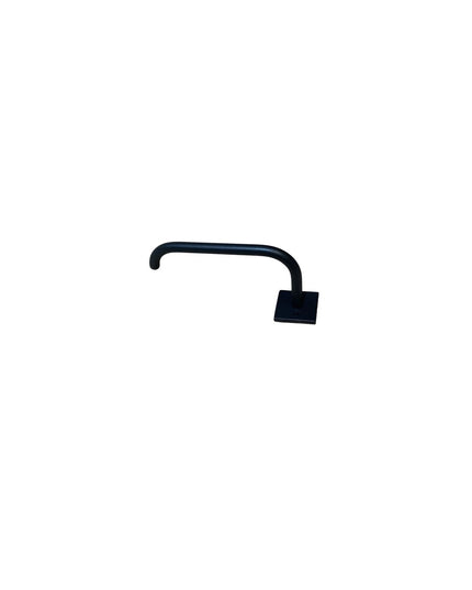 Black metal Mitz toilet paper holder by Industrial Farm Co with curved arm and square mounting plate on white background