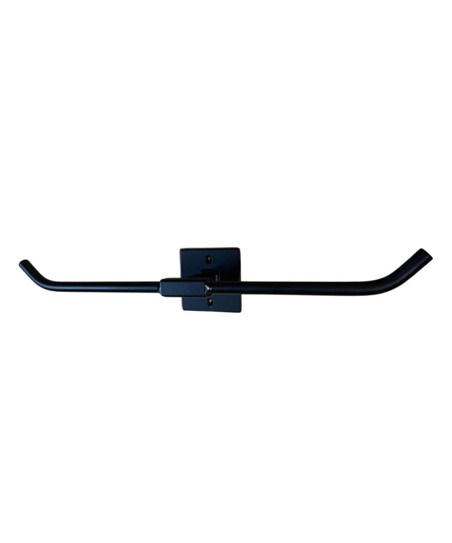 Black metal Fortworth Towel Bar by Industrial Farm Co with curved arms and square wall mount bracket on white background