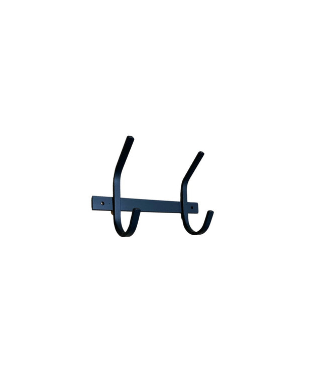 Industrial Farm Co Meredith Petite Double J Coat Rack in navy blue with black curved hooks mounted on white background